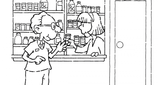 Kolorowanka farmaceutka sprzedaje leki